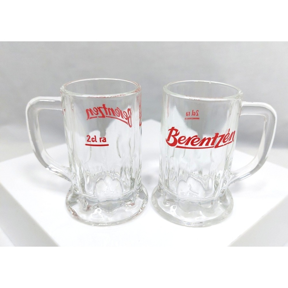 (2) Vintage Berentzen Liqueurs German Shot Glasses w/Handle Red Graphic